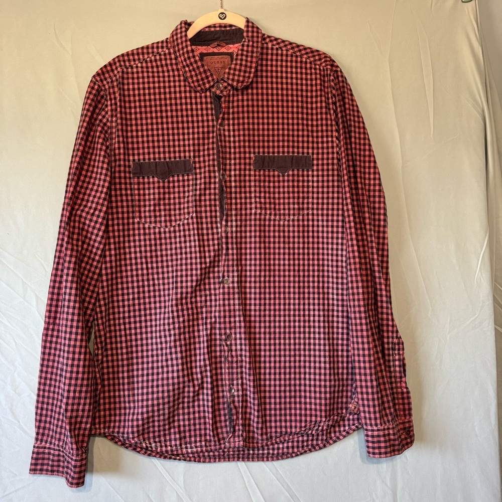 Guess Mens Preppy Checkered Long Sleeve Button Up Shirt Size L Red Office Event